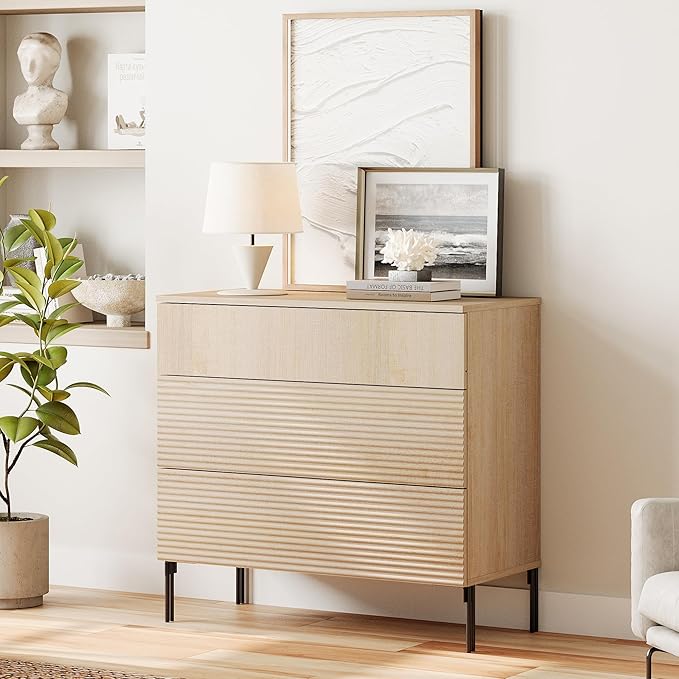 WAMPAT 31.5" W Fluted Dresser for Bedroom, Modern 3 Drawer Dresser TV Stand with Hidden Handles, Wooden Wide Chest of Drawers Closet Clothes Storage Organizer for Bedroom, Living Room, Beige