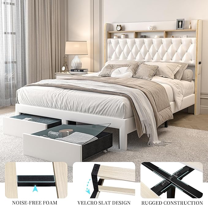 King LED Bed Frame with 2 Storage Drawers, PU Upholstered Platform Beds with Galaxy Star Projector Charging Station Speaker, Aurora Bedframe with 2-Tier Storage Headboard, Noise-Free, White