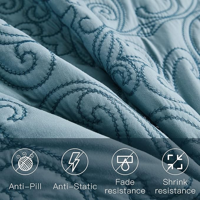 CHIXIN Oversized Bedspread Coverlet Set King Size - Lightweight Bedding Cover - Beautiful Stitching - 5 Piece Reversible Bedspread - Luxury Damask Paisley Pattern (King, Lagoon)