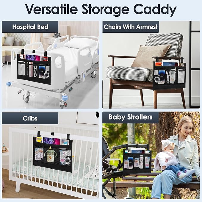 Bedside Caddy Storage Organizer, Hanging Storage Bag Pocket for Bunk/Hospital Beds,College Dorm Organizer for Remotes Phone,College Dorm,Camp,Bed Rails(4 Pockets),Black