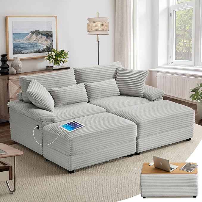 SUNWAVE 74" Double Chaise Lounge Chair Indoor, Oversized Loveseat with Removeable Ottoman, Corduroy Couch with USB Charging, Storage Ottoman, and Coffee Table Cushions for Living Room (2 Chaise Gray)