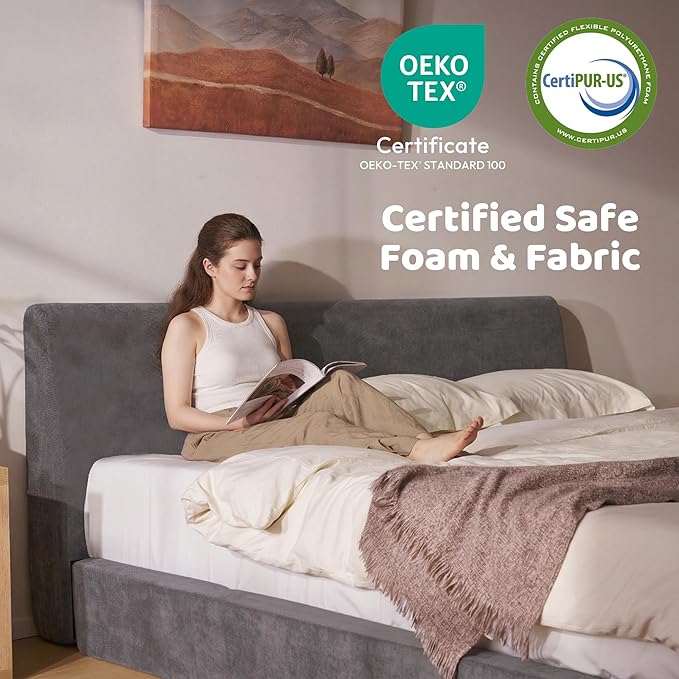 RECCI Cloud Full Size Bed Frame with Ergonomic Angled Foam Cushioned Headboard, Minimalist Design Platform Bed Frame, No Box Spring Needed, Easy Assembly (Moon Grey)