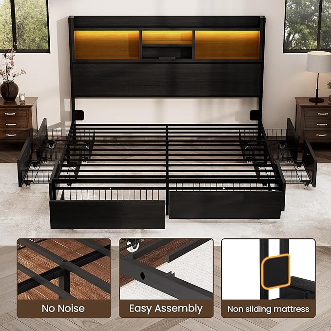 Queen Storage Bed Frame with 6 Drawers, USB Charging Station, No Noise, No Box Spring Required, Vintage Black Headboard Platform Bed