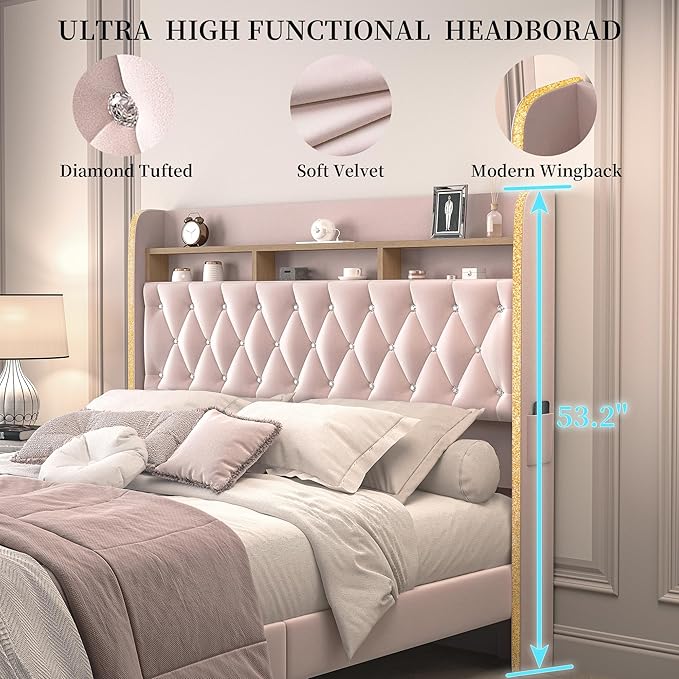 Full LED Bed Frame with Storage Drawers, Velvet Upholstered Platform Beds with Galaxy Star Projector Charging Station Speaker, Aurora Bedframe with 2-Tier Storage Headboard, Noise-Free, Pink