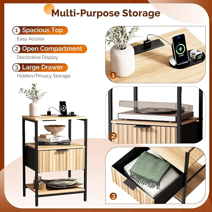 VINGLI Night Stand with Charging Station, Fluted Nightstand with Fabric Drawer, Bed Side Table/End Table for Bedroom, Dorm, 14.96" W*11.81" D*23.7" H