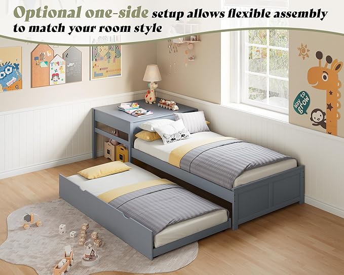 AMERLIFE L-Shaped Twin Trundle Bed with Flip-Top Storage Desk, Space-Saving Solid Wood Platform Bed Frame, Grey Finish, Multi-Functional Twin Bed for Kids and Families
