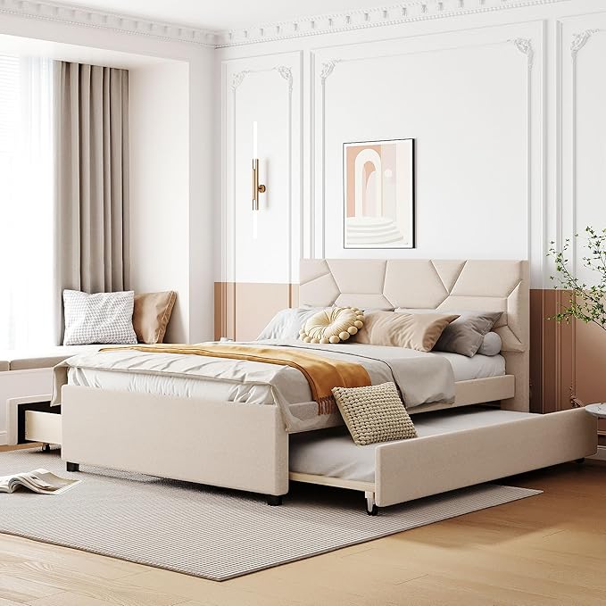 Full Size Bed Frame with Twin Size Trundle and 2 Storage Drawers,Linen Upholstered Platform Bed Frame Full with Brick Pattern Headboard,Solid Wood Slat Support,No Box Spring Needed,Beige