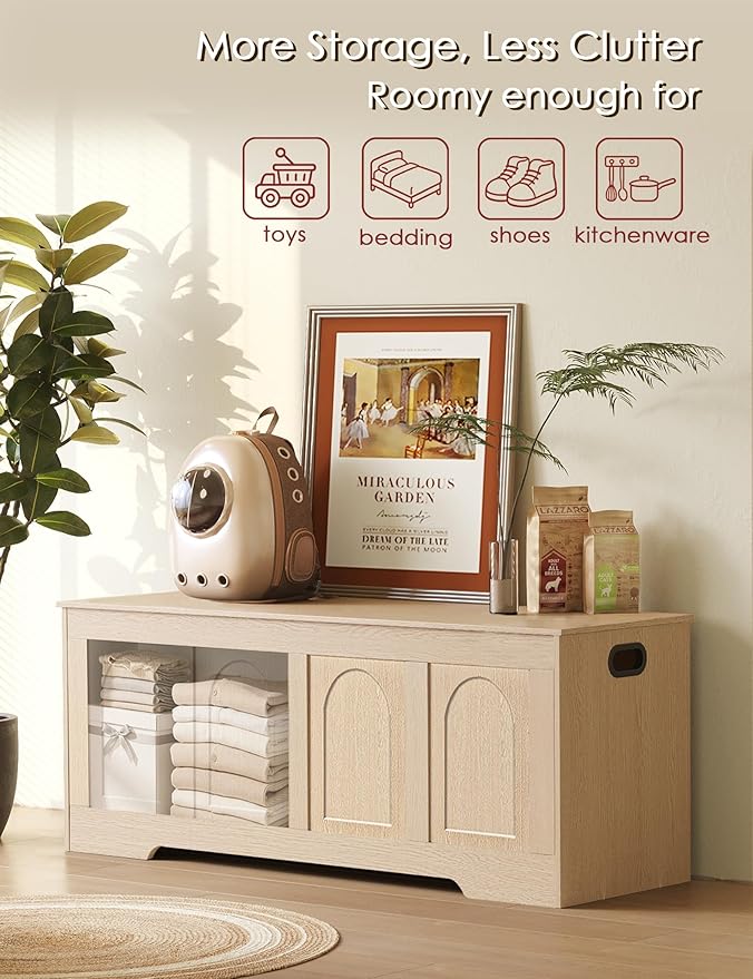 DINZI LVJ Storage Chest, 47.2" Rattan-Like Toy Box with 2 Safety Hinges, Wooden Entryway Storage Bench with Flip-Top, Large Trunk for Living Room, Bedroom, Easy Assembly, Natural