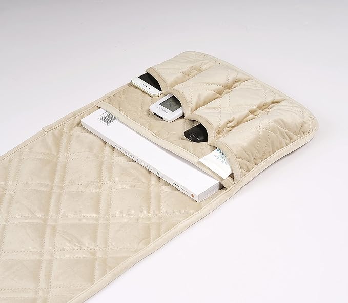 Brilliant Sunshine Beige Velvet Couch Armrest 5 Pockets Organizer, Slip Resistant Recliner Armchair Caddy, Washable Remote Controls Holder, Storage for Magazine, Tablet, Phone, 35×13", Beige Natural
