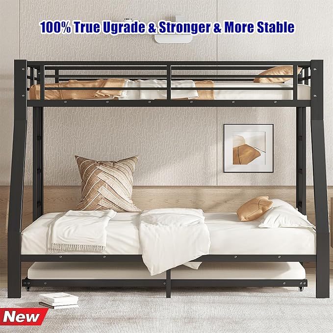 Higher Quality & Stronger Heavy Duty Metal Bunk Bed Frame Twin Over Full Size with Twin Size Trundle for Adults Teens, Thickened More Stable Steel Bunkbed (Twin Over Full with Trundle)