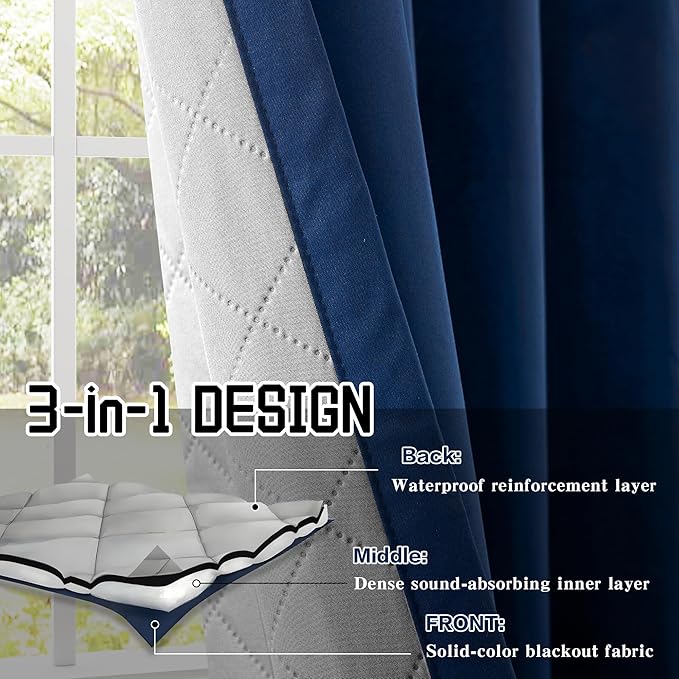 Navy Blue 3-in-1 Blackout Curtains Heavy Duty Soundproof Curtains Thermal Insulated Drapes for Winter Room Divider Grommet Curtains for Living Room Bedroom (1 Panel, Navy Blue, 50" x 108")