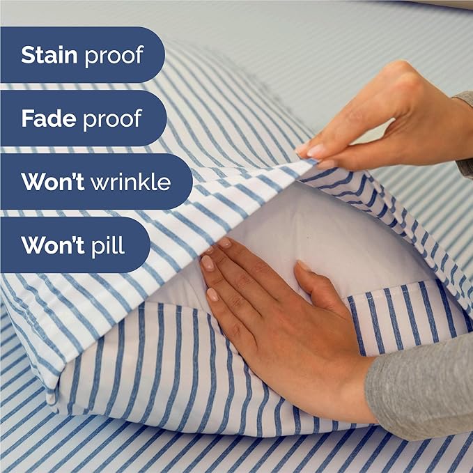 Split King 7 Piece Sheet Set - Cooling & Breathable - Hotel Luxury Bedding Includes Fitted Sheets for Women, Men, Kids & Teens - 1 Flat, 2 Fitted Sheets, 4 Pillowcases w/Deep Pockets - Blue Stripes