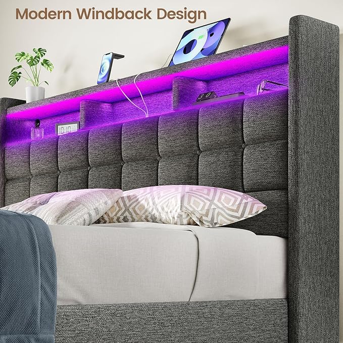 Lift Up King Size Bed Frame with Storage, Upholstered King Bed Frame with Charging Station and LED Lights Headboard, No Box Spring Needed, Easy Assembly - Dark Grey