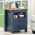 Joaxswe Nightstand with Charging Station, Farmhouse Night Stand with 2 Drawers and Shelf Storage, Blue Wooden Side End Table, Bedside Cabinet for Bedroom, Living Room, Closet,Office