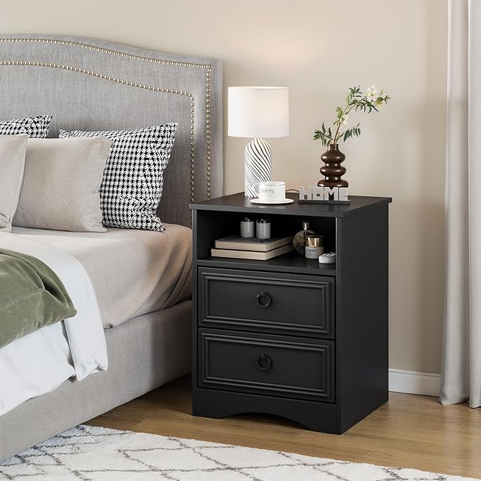 Set of 2 Large Night Stand with Drawers, 17.7" W Nightstand with 2 Drawers, Accent Bed Side Table and End Table with Large Open Storage for Bedroom, Living Room,Black