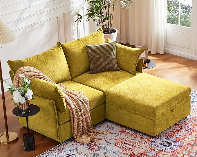 ABCASA Luxury Modular Sectional Sofa, L-Shaped 3-Seat Couch with Storage Ottoman Deep Seat & Reversible Chaise Lounge Chenille Yellow for Compact Spaces, Apartments, Dorm