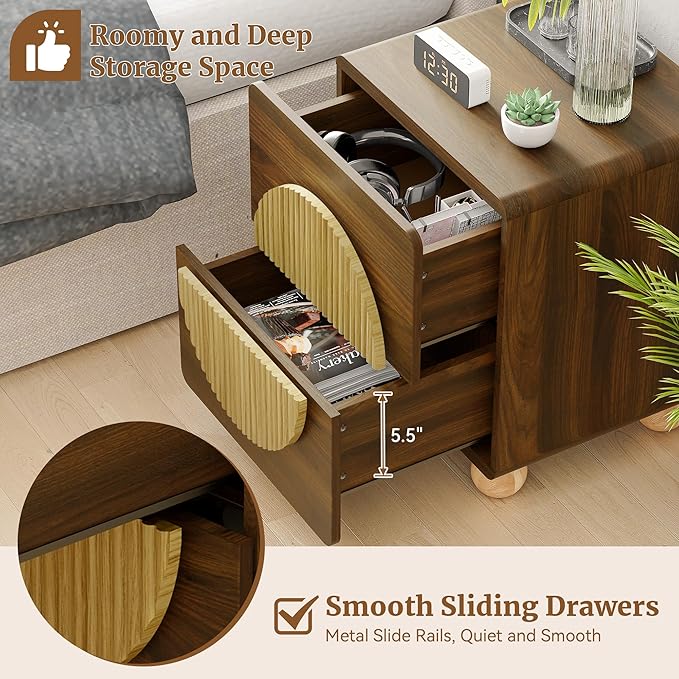 23" Fluted Nightstand with Solid Wood Legs Set of 2, Modern Style Walnut Bedside Table with Round Moon Handle & Storage, Mid Century Cute Night Stand for Bedroom, Side Table, End Table