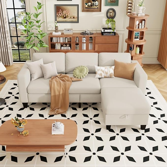 ZeeFu Sectional and Sofa Couches for Living Room - 78'' 3 Seater L-Shaped Modular Couch with Storage Ottoman - Modern Velevt Fabric Upholstered Sofa Set for Small Space Apartment Office