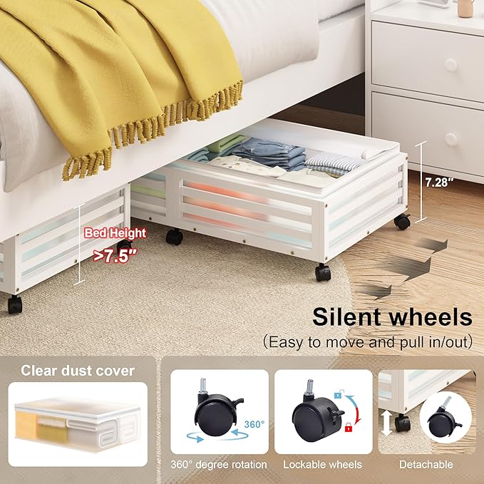 Under Bed Storage with Wheels-Large Bamboo Underbed storage Containers with Large Dust Bag Stackable Under the Bed Shoe Storage Bins for Clothes Books Bedding (2 Packs White, 33.07"L×16.54"W× 6.5"H)