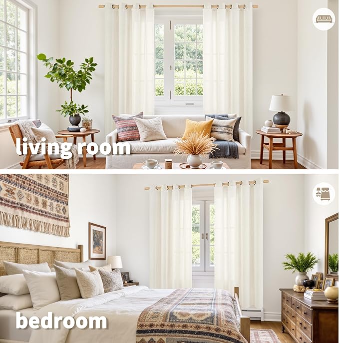YoungsTex 68 Inch Length Ivory Linen Curtains for Living Room Window, Light Filtering Semi Sheer Drapes with Bronze Grommet Privacy for Bedroom Farmhouse Decorative, 52 x 68 Inch, 2 Panels