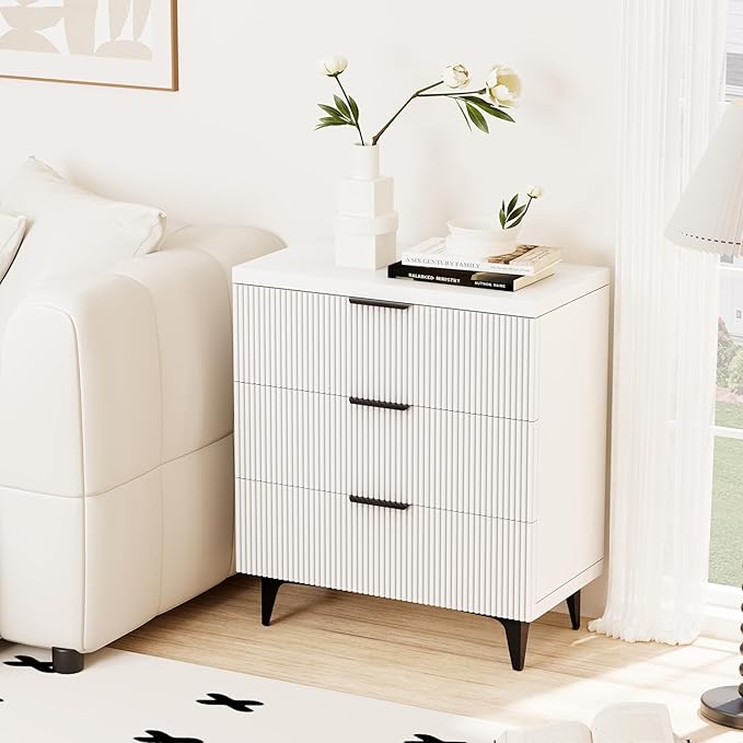 Royal Windsor Fluted Nightstand with 3 Drawers, Side End Table, Accent Storage Cabinet,Modern Night Stand Bedside Table for Bedroom,White