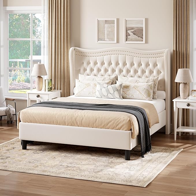 Upholstered Full Size Bed Frame with Tall Headboard, Velvet Wingback Platform Bed Frame with Deep Button Tufted, No Box Spring Needed, Noise Free, Beige