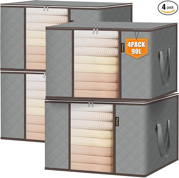 BALEINE 4 Pack Clothes Storage Bags, 24 Gallon Storage Containers with Reinforced Handle, Sturdy Zipper, Closet Organizer for Blanket, Comforter, Pillow, Bedding (Grey, 4 Pack)
