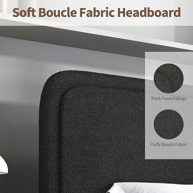 BarnFurin Boucle Upholstered California King Bed Frame/Soft Rounded Corners Headboard/Low Profile Bed Frame/No Box Spring Needed/Black