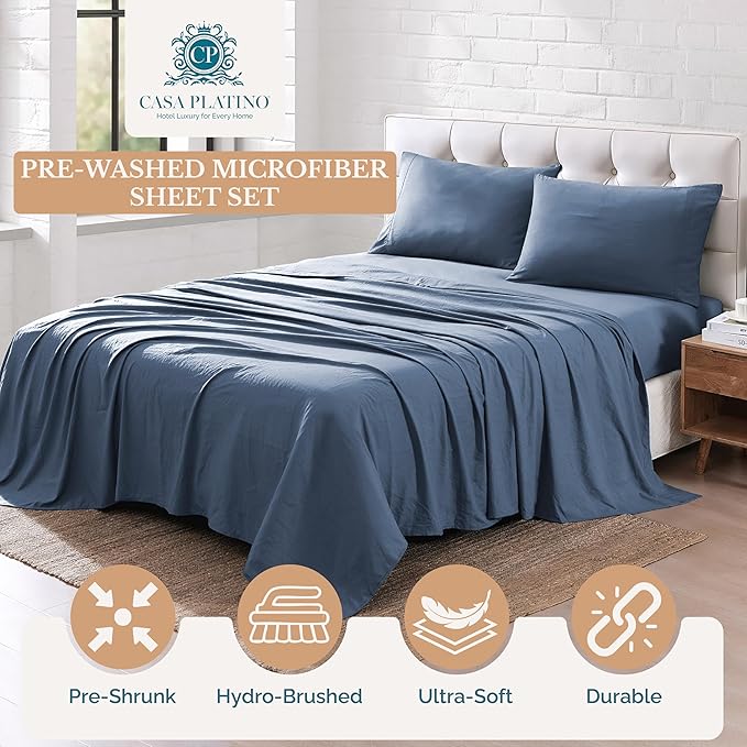 Casa Platino Bedding Sheets & Pillowcases, 3 Piece Set, Pre-Washed Fade Resisitant Cozy Bedding Sets Twin XL - 100% Hydro-Brushed Microfiber - Twin XL Sheet fits up to 15 inch Mattress- Estate Blue