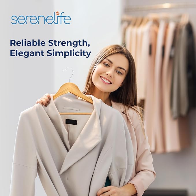 SereneLife Solid Wooden Hangers, Mega Pack, 50 Pieces Hangers for Clothes, Heavy Duty Suit Hanger Set with Chrome 360 Degree Swivel Hook, Notched Design, Natural Wood Color