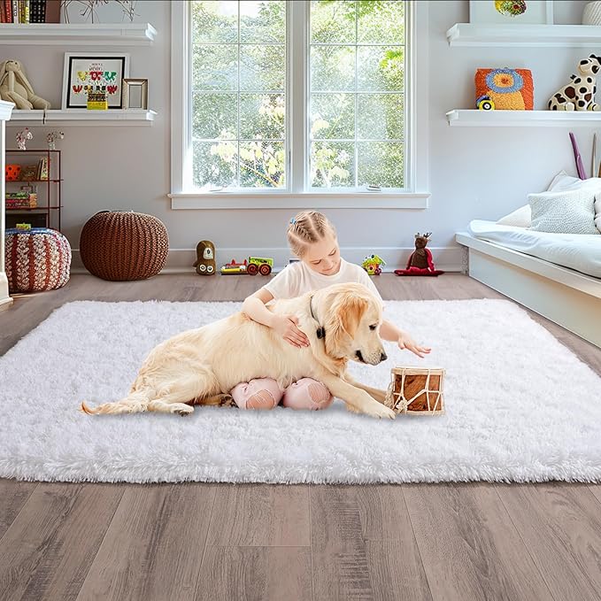 5x7 White Rugs for Bedroom, Soft Fluffy Shaggy Rugs for Living Room, Non-Slip Fuzzy Shag Carpet for Kids Room Home Decor