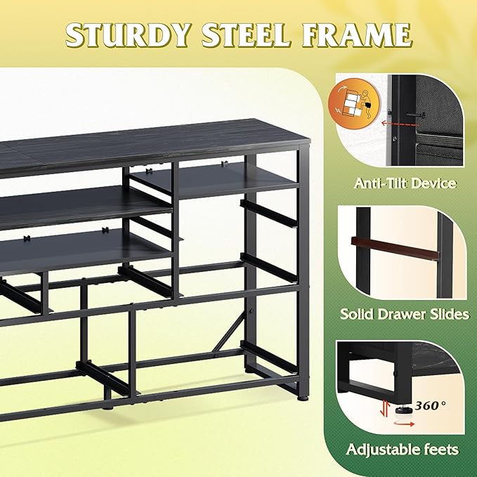 WLIVE Black TV Stand for 55, 60, 65 inch TV, Entertainment Center with LED Lights & Charging Station, TV Media Console Table with 13 Fabric Drawers and Open Shelves for Living Room, Hallway, Wood Top