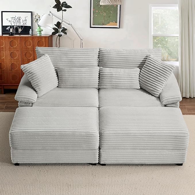 SUNWAVE 74" Double Chaise Lounge Chair Indoor, Oversized Loveseat with Removeable Ottoman, Corduroy Couch with USB Charging, Storage Ottoman, and Coffee Table Cushions for Living Room (2 Chaise Gray)