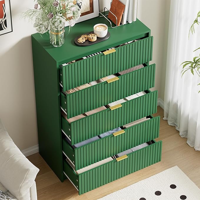Green Dresser for Bedroom, Modern Dresser with 5 Drawers and Smooth Slides, Wide Chest of Drawers with Golden Handles for Bedroom, Living Room, Closet, 15.7" D x 31.5" W x 47.2" H