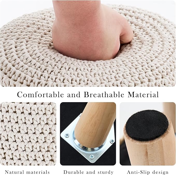 LGENHOOM Boho Ottoman Foot Stool Cotton Knitted Round Pouf Ottoman Foot Rest Stool with Non-Skid Wooden Legs Step Stool Padded Seat for Living Room White