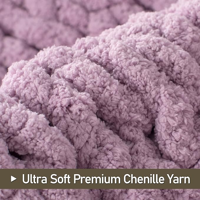 Chunky Knit Throw Blanket 60"X 80", 100% Handmade with Soft Chenille Yarn, 4.4lbs Thick Cable Knitted Blankets, Large Rope Knot Crochet Throws for Couch Sofa Bed Home Decor, Purple