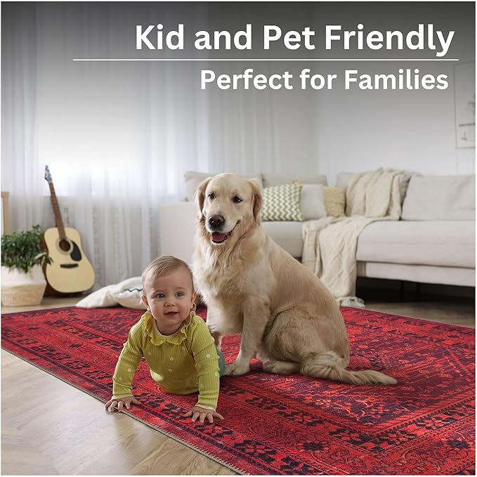 Bloom Rugs Washable Non-Slip 10x14 Rug - Red Traditional Bordered Area Rug for Living Room, Bedroom, Dining Room, and Kitchen - Exact Size: 10' x 14'