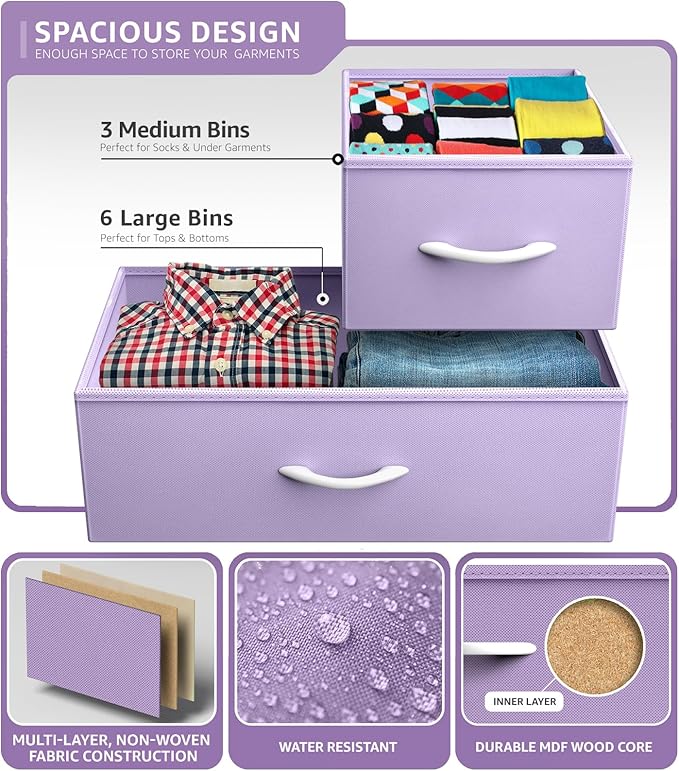 Sorbus Kids Dresser with 9 Drawers - Furniture Storage Chest Tower Unit for Bedroom, Hallway, Closet, Office Organization - Steel Frame, Wood Top, Fabric Bins (Purple, Solid)