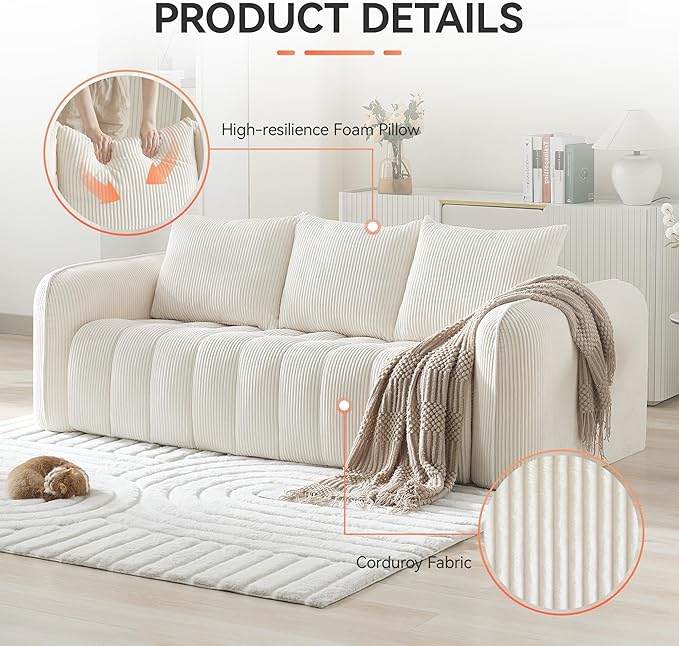 Corduroy Boneless Living Room Sets, Modern Upholstered 3 Seater Sofa with 2 Signle Accent Chairs, Comfy Deep Seat Cloud Sofa Couch Sets for Living Room, White