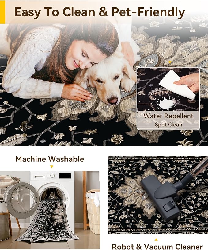 Area Rugs 3'x5' Washable Non-Slip, Floral Vintage Distress Print Pattern Medallion Carpet for Living Room Bedroom Dining Room, Black Brown Neutral Dark Tan
