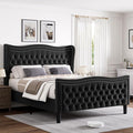 King Bed Frame with Tall Headboard & Footboard, Velvet Upholstered Platform Bed Frame with Deep Button Tufted Wingback, No Box Spring Needed, Noise Free, Black