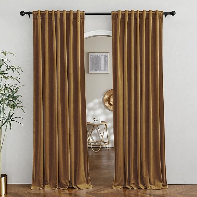 RYB HOME Velvet Room Divider Curtains for Space Separation, Noise Reduce Barrier for Nursery, Large Window Curtains for Sliding Glass Door, Gold Brown, W 62 x L 84, 2 Panels Set