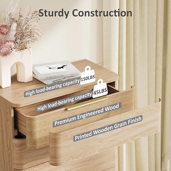 5 Drawer Dresser for Bedroom, 45" Tall Modern Chest of Drawers with Metal Handle, Curved Profile Design, Wooden Closet with Large Drawers Dressers Organizer for Entryway Hallway