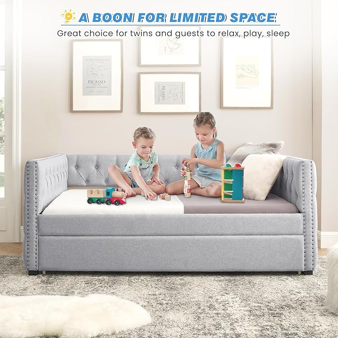 Daybed with Trundle, Modern Upholstered Full Size Day Bed Button-Tufted Sofa Daybed Frame with A Roll-Out Trundle, No Box Spring Needed, Furniture for Bedroom Living Room Guest Room (Light Grey, Full)