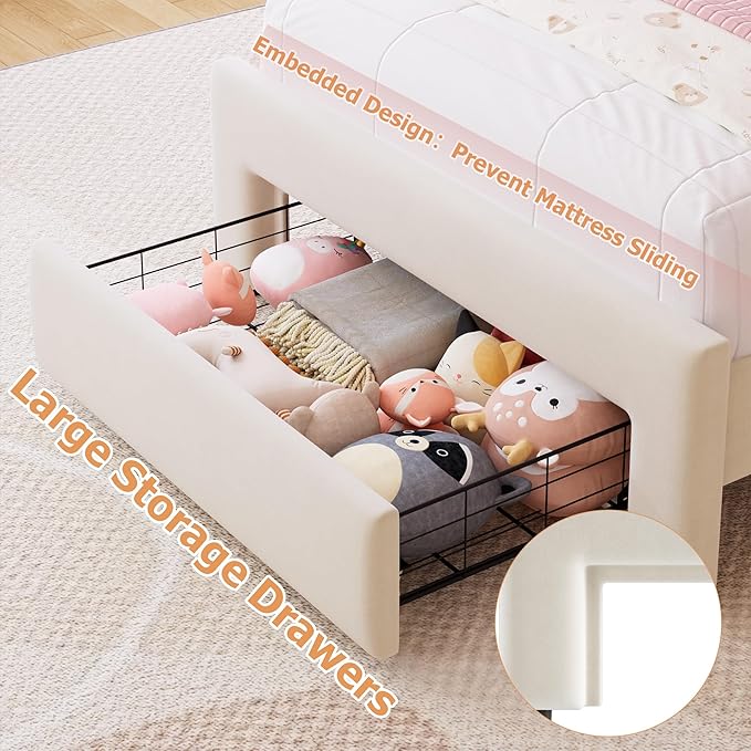 Velvet Upholstered Twin LED Bed Frame with Storage Drawer and Adjustable Chic Double Wavy Headboard, Princess Platform Bed for Kids/Girls, Solid Wood Slats Support, No Box Spring Needed, Beige
