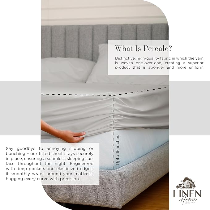Linen Home 100% Cotton Percale Sheets Full Size, Silver, Deep Pocket, 4 Pieces Set - 1 Flat, 1 Deep Pocket Fitted Sheet and 2 Pillowcases, Crisp Cool and Strong Bed Linen