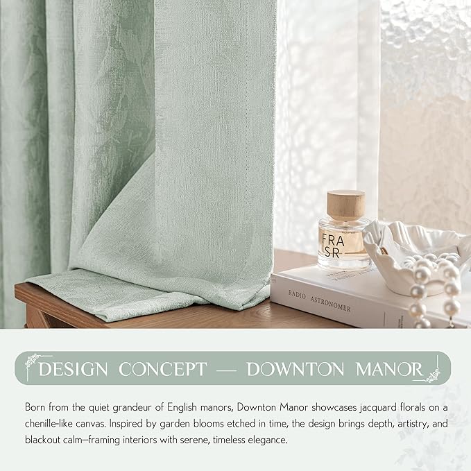 Beauoop Green Floral Jacquard Blackout Curtains 84 Inches Long 2 Panels for Bedroom Living Room Sage Flower Chenille Room Darkening Thermal Insulated Soundproof Grommet Window Treatments Drapes, 52x84
