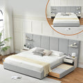 King Bed Frame with Storage & Built-in Nightstands, Velvet Upholstered Platform Bed Frame with Drawers & 2 Floating Storage Shelves, Noise-Free, No Box Spring Needed, Easy Assembly, Gray