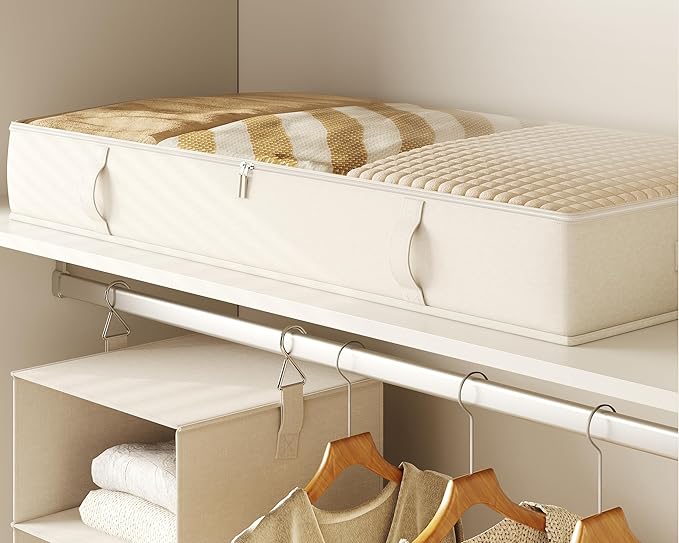 Vailando Under Bed Storage Containers, 6 Inches Tall 60L Underbed Storage Bins with Sturdy Handles and Sidewalls, Closet Organizer for Clothes, Blankets, Seasonal Items, Beige, 2-Pack