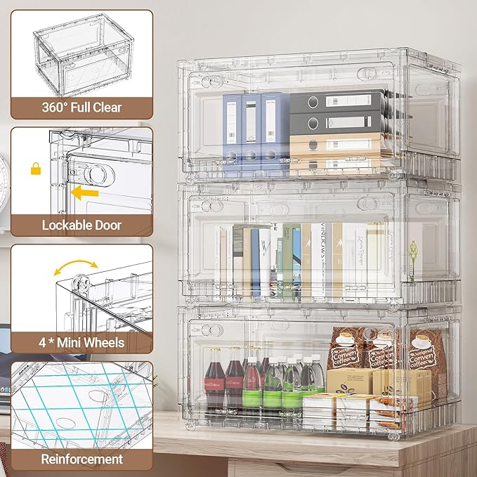 BROVIEW 400Qt Stackable Storage Bins with Lids Wheels, XL Clear Plastic Drawers Foldable Closet Organizers and Storage Cabinet Display Box Shelves with Front & Back Doors, for Home Office Garage,5Pack